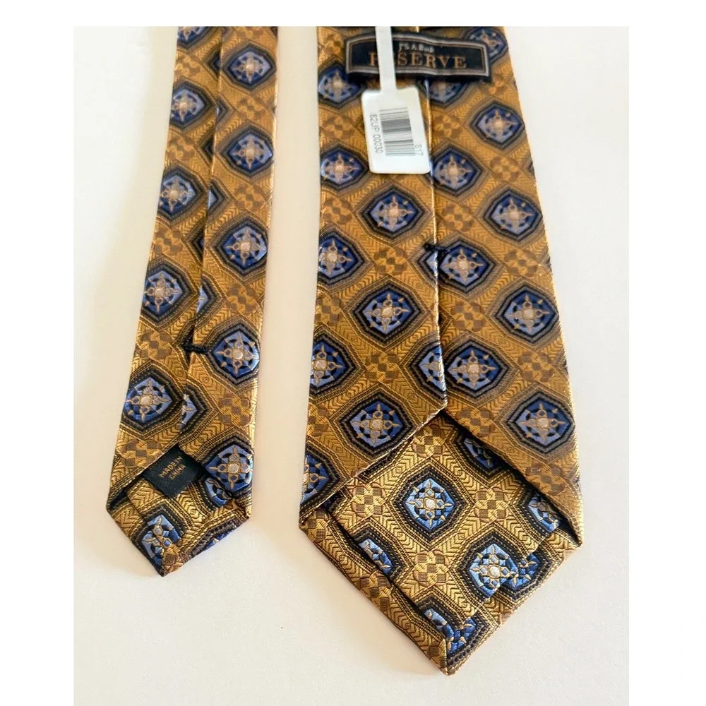Jos A Bank Reserve Silk Tie Gold Blue Geometric Medallion Necktie Classical New